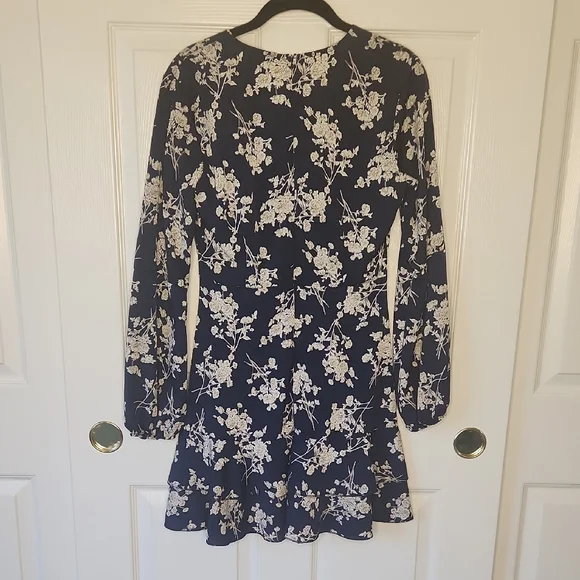 Navy Dark Blue Floral Flirty Faux Wrap Fabric Belt Long Sleeve Dress Size M - Picture 10 of 11